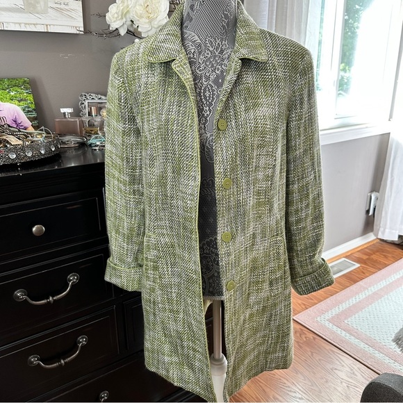 Dialogue Olive Houndstooth Tweed Trench Coat Size 10 - Picture 3 of 16